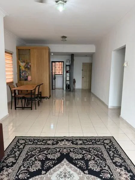 Living features: white painted walls, ceramic tile flooring, 5-blade ceiling fan with light, recessed downlights, dining table with four chairs, wooden cabinet, decorative area rug with intricate pattern, window with blinds; style: modern.