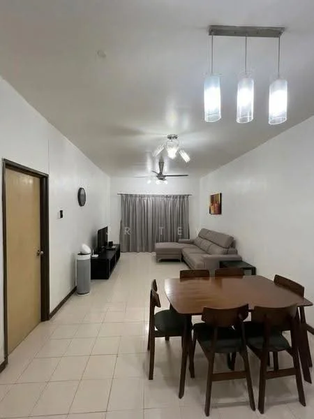 Living features: light grey fabric sectional sofa, 3-blade ceiling fan with light, pendant lighting with three glass shades, wall-mounted TV, wooden coffee table, round dining table with four wooden chairs, cream tiled flooring, white painted walls, curtains in light grey, decorative wall art; style: modern.