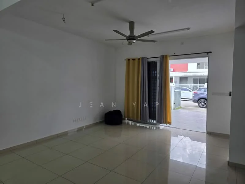 Living features: white painted walls, glossy ceramic tile flooring, 5-blade ceiling fan, sliding glass door, yellow curtains, black bean bag, natural light from door, open layout; style: modern; view: garden.