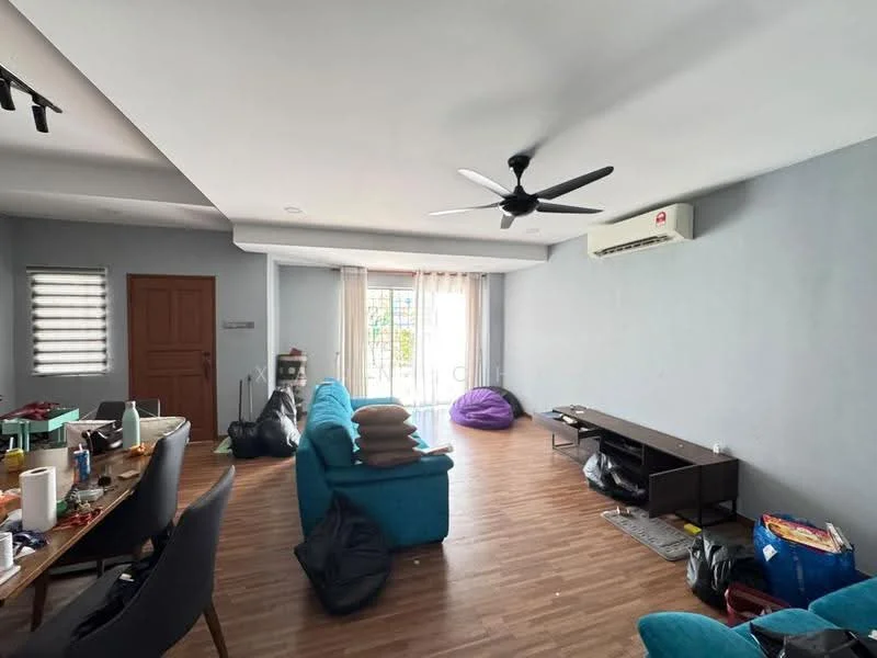 Living features: grey painted walls, laminate flooring, 5-blade ceiling fan with light, floor-to-ceiling windows with sheer curtains, sofa in teal, coffee table, TV console, decorative cushions, bean bags, air conditioning unit on wall, dining table with chairs, wall-mounted TV; style: modern.