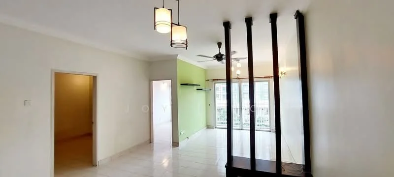 Living features: white painted walls, cream tiled flooring, 5-blade ceiling fan with light, 3 pendant lights, sliding glass door, balcony view, wall-mounted shelf, open layout, natural light from windows; style: modern; view: garden. Room features: white painted walls, cream tiled flooring, doorway leading to another room.