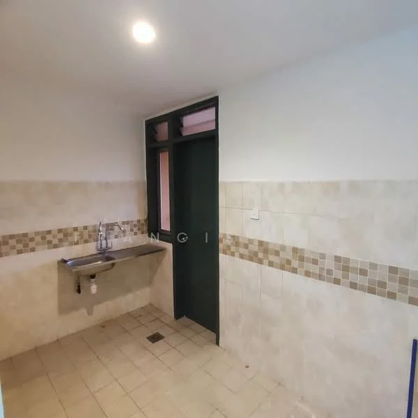 Laundry features: sink with faucet, tiled walls with mosaic border, light-colored floor tiles, white painted walls, door leading to another room, window for natural light.