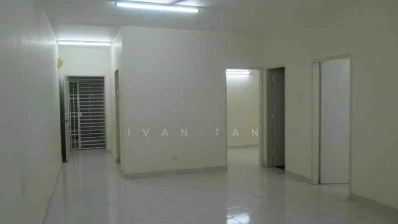 Room features: white painted walls, glossy tile flooring, fluorescent ceiling lights, open layout, multiple doorways, neutral color scheme, no visible furniture; style: minimalist.