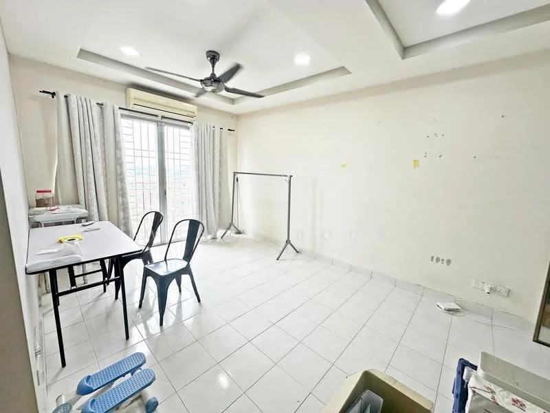 Room features: white painted walls, ceiling with recessed lighting, white tiled flooring, 1 ceiling fan, large window with sheer curtains, folding clothes rack, table with chairs, air conditioning unit, open space layout; style: minimalist; view: city.