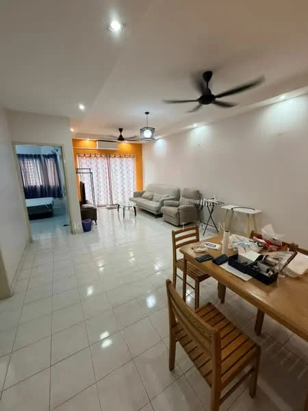 Living features: white painted walls, glossy tile flooring, 5-blade ceiling fan with light, sofa in light grey fabric, coffee table, dining table with wooden chairs, sliding glass door, sheer curtains, recessed downlights, decorative wall light; style: modern. Room features: blue painted walls, bed visible in background, curtains.