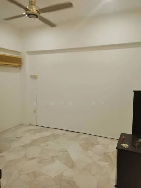 Room features: white painted walls, marble tile flooring, ceiling fan, wall-mounted air conditioning unit, built-in wardrobe, light switch, power outlet.