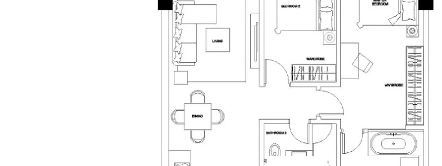 Floor plan: 3-bedroom 2-bathroom unit; features: open-plan kitchen-dining-living, master bedroom with ensuite bathroom, bedroom 2 with shared bathroom, utility room, balcony off living room, dining area, walk-in closet in master bedroom, central foyer.