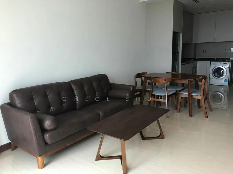 Living features: brown leather 3-seater sofa, wood coffee table, wood dining table, 4 dining chairs, polished tile flooring, light grey painted walls, recessed downlights, floor-to-ceiling windows, washing machine, open layout to kitchen; style: modern.