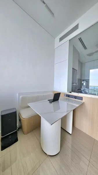 Dining features: white walls, light-colored wood paneling, round white dining table, upholstered bench seating, black speaker, floor-to-ceiling windows, tile flooring, minimalist decor; style: modern; view: city.
