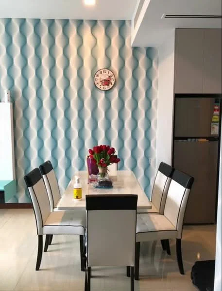 Dining features: white dining table, 6-seater dining table, upholstered dining chairs in black and white, decorative vase with flowers, wall clock, blue wavy patterned wallpaper, cream tiled flooring, built-in cabinetry, refrigerator; style: modern.