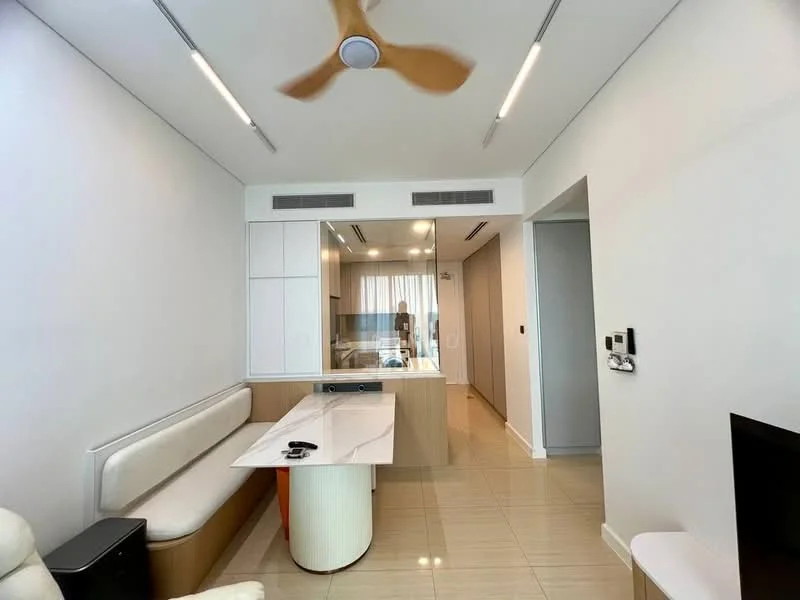 Living features: white painted walls, glossy beige tile flooring, 5-blade ceiling fan with light, sofa with white upholstery, coffee table with white surface, built-in cabinetry, large window with sheer curtains, TV console, wall-mounted TV; style: modern.