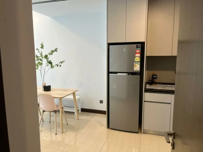 Kitchen features: stainless-steel fridge, white cabinetry, grey countertop, built-in oven, ceramic tile flooring, recessed downlights, single-bowl stainless-steel sink, chrome pull-down faucet; style: modern. Dining features: wood dining table, 2 white dining chairs, decorative plant in pot; style: modern.