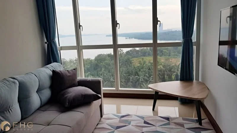 Living features: 3-seater fabric sofa in grey, decorative cushions, wooden coffee table, floor-to-ceiling windows, curtains in blue, area rug with geometric pattern, wall-mounted TV, light-colored wall, tile flooring; style: modern; view: river.