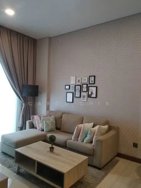 Living features: L-shape sectional sofa in beige, decorative cushions in pastel colors, wood coffee table, framed artwork on wall, light brown accent wall with textured pattern, floor-to-ceiling window with sheer curtains, wall-mounted lamp, light-colored flooring; style: modern.