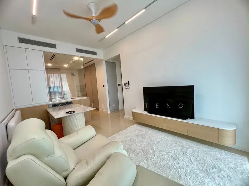Living features: cream leather recliner sofa, white area rug, wall-mounted flat-screen TV, light wood TV console, ceiling fan with wooden blades, recessed LED downlights, large window with sheer curtains, open-plan layout with dining area visible; style: modern.
