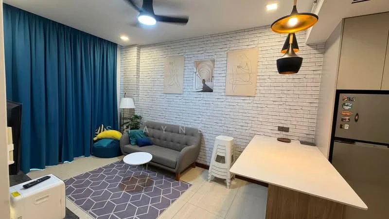 Living features: grey fabric sofa, round white coffee table, area rug with geometric pattern, floor lamp, wall-mounted TV, white brick accent wall, blue curtains, ceiling fan with light, refrigerator, kitchen countertop, white cabinetry; style: modern.