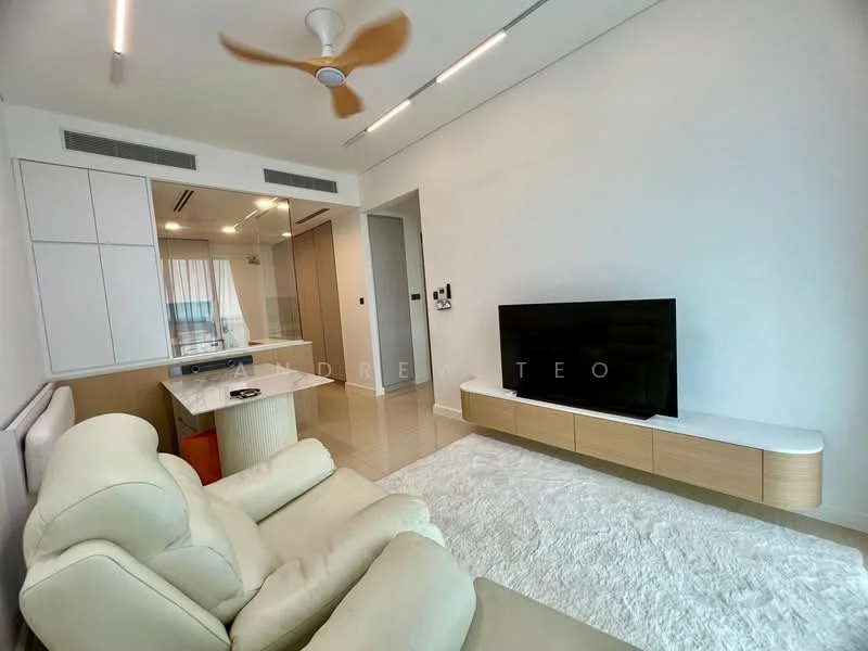 Living features: 3-seater cream leather sofa, white area rug, wall-mounted flat-screen TV, light wood TV console, light wood sideboard, ceiling fan, recessed LED downlights, floor-to-ceiling windows with sheer curtains, cream painted walls, glossy tile flooring; style: modern.