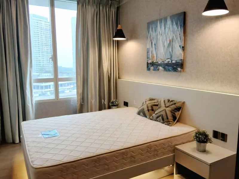 Bedroom features: queen-size bed, upholstered headboard, bedside table, table lamp, floor-to-ceiling window, curtains, decorative wall art, wooden flooring, wall-mounted light fixtures, built-in wardrobe; style: modern; view: city.