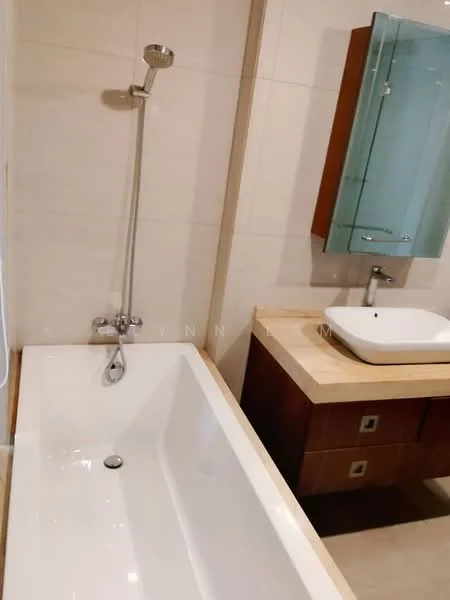 Bathroom features: freestanding bathtub, chrome handheld shower, single-bowl ceramic sink, wood vanity with storage drawers, mirror cabinet above sink, tile cladding on walls, neutral tile flooring, modern faucet; style: modern.
