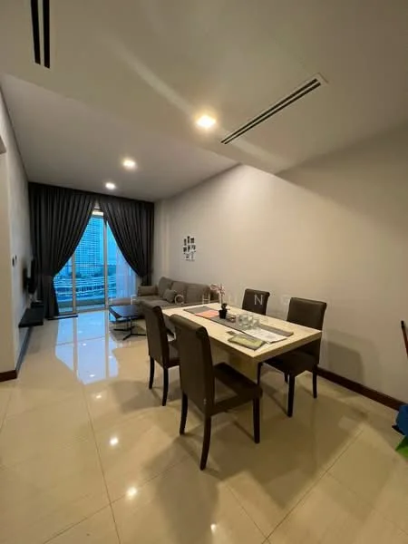 Dining features: dining table with 6 chairs, floor-to-ceiling windows, curtains, recessed downlights, light-coloured walls, glossy tile flooring, sofa in grey fabric, TV mounted on wall; style: modern; view: city.