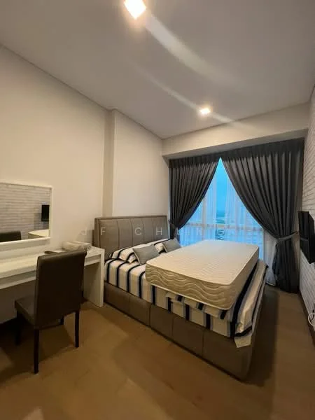 Bedroom features: queen-size bed with upholstered headboard, striped bedding, wooden flooring, floor-to-ceiling windows, sheer curtains, blackout curtains, wall-mounted TV, study desk with mirror, upholstered chair, decorative wall with white brick pattern, recessed downlights; style: modern; view: city.