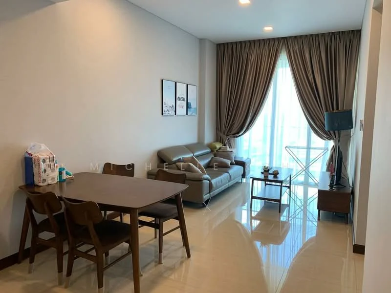 Living features: 3-seater leather sofa in light brown, wooden dining table for 4, 4 wooden dining chairs, floor-to-ceiling windows with sheer curtains, TV console, wall-mounted TV, decorative table, light-colored walls, glossy tile flooring, recessed downlights; style: modern; view: city.