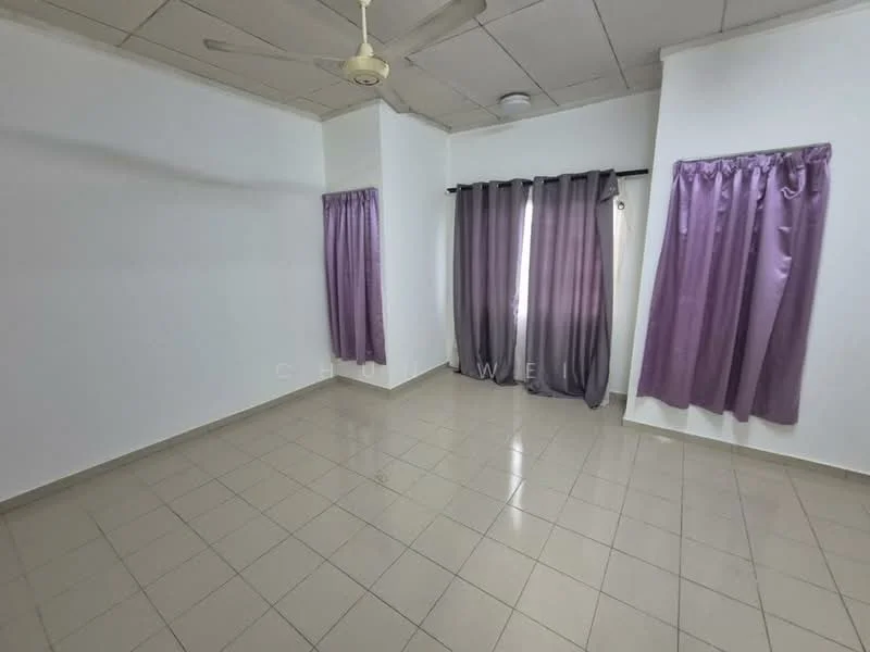 Room features: white painted walls, ceiling fan, grey tiled flooring, two windows with sheer curtains, purple curtains, corner lighting, no visible furniture; style: minimalist.