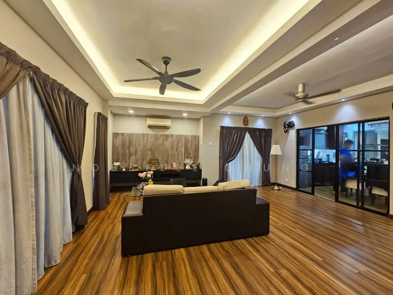 Living features: 5-blade ceiling fan with light, recessed downlights, cream painted walls, wood panel accent wall, laminate wood flooring, floor-to-ceiling windows, sheer curtains, dark brown leather sofa, coffee table, TV console, decorative items on shelves, area rug; style: modern.