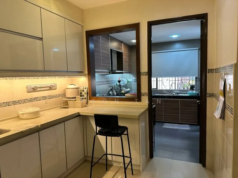 Kitchen features: light grey cabinetry, white countertop, stainless-steel sink, chrome pull-down faucet, built-in oven, freestanding range oven, microwave, ceramic tile flooring, recessed downlights, wall-mounted cabinets, open shelving, backlit mirror, tile backsplash; style: modern. Room features: grey cabinetry, window with roller blinds, ceramic tile flooring.