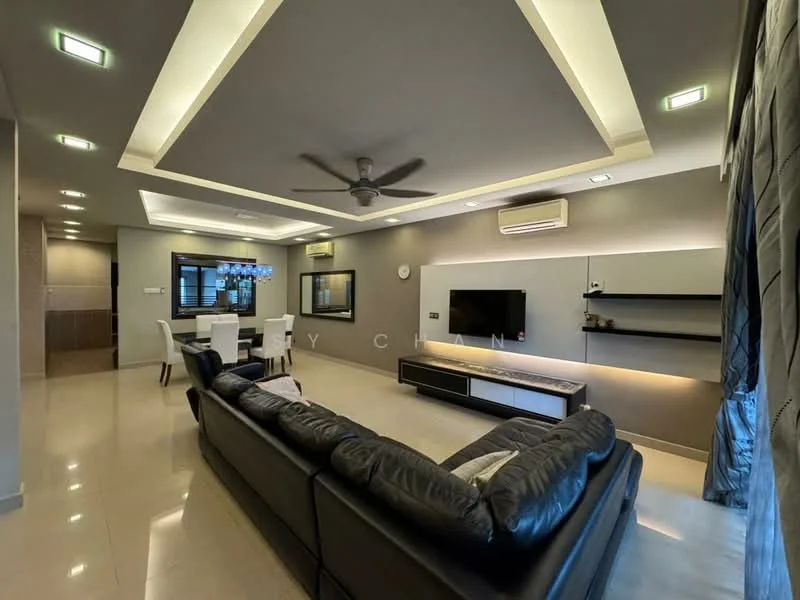 Living features: 3-seater leather sofa in black, coffee table, wall-mounted TV, entertainment unit, ceiling fan with light, recessed downlights, cream painted walls, marble tile flooring, sliding glass door, curtains, built-in shelving; style: modern. Dining features: 4-seater dining table, upholstered dining chairs, pendant lighting, cream painted walls, marble tile flooring; style: modern. Kitchen features: kitchen cabinetry, marble countertop, built-in appliances, cream painted walls, marble tile flooring; style: modern.