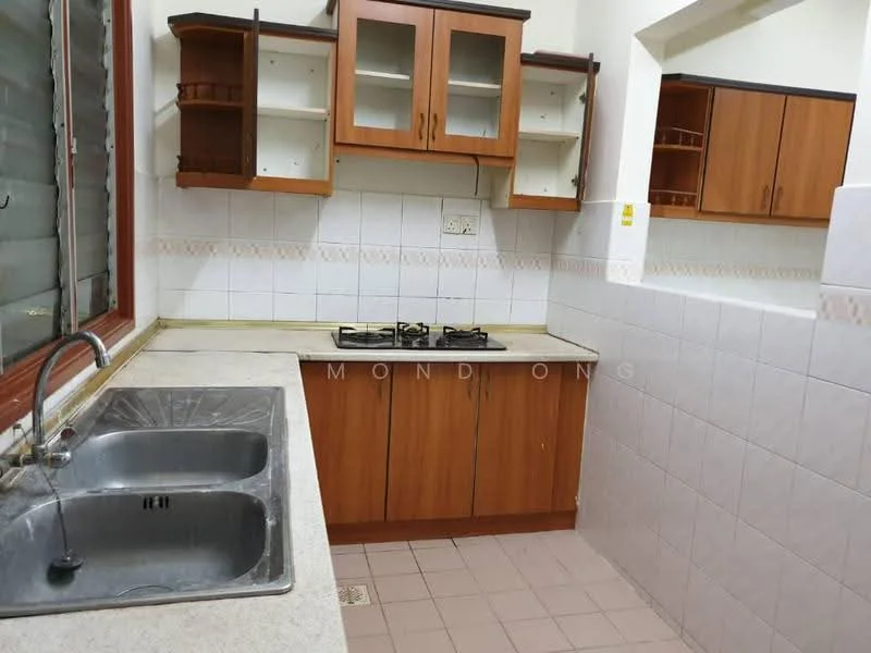 Kitchen features: double-bowl stainless-steel sink, chrome pull-down faucet, laminate countertop, wood cabinetry in brown, gas stove with 4 burners, white tiled backsplash, white tiled walls, pink ceramic tile flooring, open shelving above countertop, window with horizontal blinds.