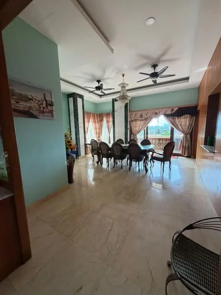 Dining features: marble tile flooring, green painted walls, wood paneling, 5-blade ceiling fan with light, chandelier, large windows with sheer curtains, dining table with chairs, decorative wall art, natural light from windows, curtains with floral pattern; style: modern; view: garden. Room features: open layout, high ceiling, recessed lighting.