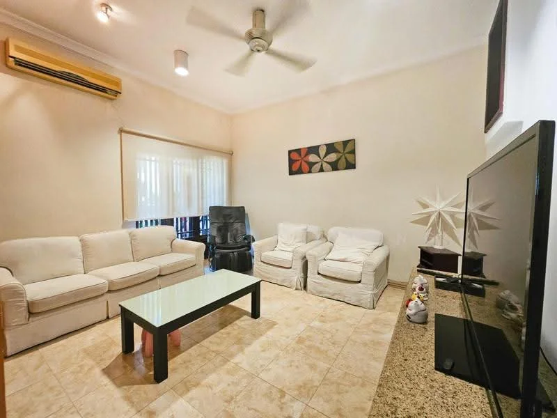 Living features: 3-seater fabric sofa in cream, 2 armchairs in cream, glass coffee table, wall-mounted TV, ceiling fan, air conditioning unit, tile flooring, sheer curtains, decorative wall art, decorative star sculpture; style: modern.