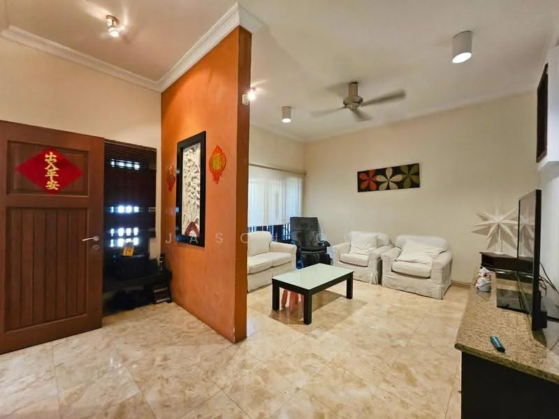 Living features: cream marble tile flooring, orange painted accent wall, white walls, 5-blade ceiling fan, recessed downlights, two white fabric sofas, glass coffee table, TV console, wall-mounted TV, decorative wall art, window treatments, decorative mirror; style: contemporary.