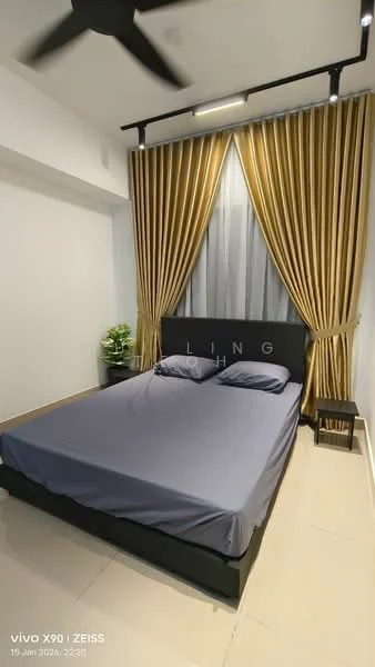 Bedroom features: king-size bed with dark bedding, upholstered headboard, two bedside tables, floor-to-ceiling curtains in gold and grey, grey painted walls, tile flooring, ceiling fan, decorative plant in ceramic pot; style: modern.