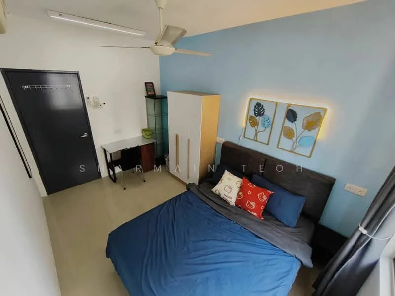 Bedroom features: queen-size bed with blue bedding, upholstered headboard, two bedside tables, decorative pillows in red and white, study desk with chair, ceiling fan, wall-mounted artwork with leaf design, built-in wardrobe, white painted walls, light grey flooring; style: modern.
