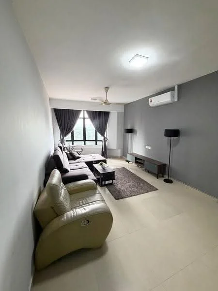 Living features: 3-seater fabric sofa in grey, 2-seater leather sofa in beige, coffee table, TV console, wall-mounted TV, area rug, floor-to-ceiling windows, curtains, 1 wall-mounted split AC, ceiling fan, lamps, light grey painted walls, light tile flooring; style: modern; view: city.