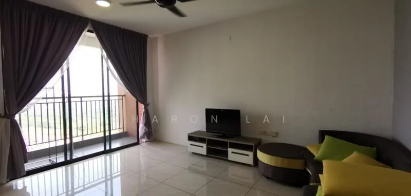 Living features: grey fabric sofa, yellow accent cushions, black TV console, wall-mounted TV, white tiled flooring, ceiling fan, floor-to-ceiling windows, curtains in purple, balcony access, decorative round ottoman; style: modern; view: city.