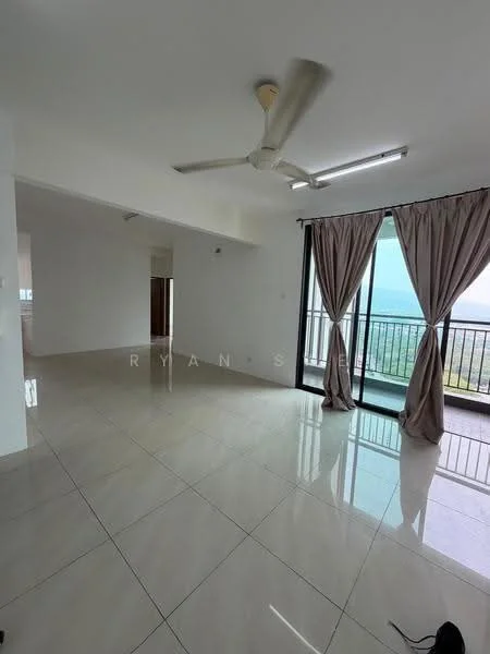 Living features: white painted walls, glossy ceramic tile flooring, 5-blade ceiling fan with light, floor-to-ceiling windows, sliding glass door, sheer curtains, balcony view, recessed lighting; style: modern; view: city.