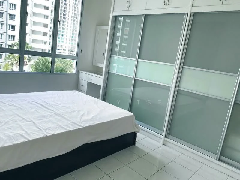 Bedroom features: queen-size bed, built-in wardrobe with sliding glass doors, white walls, tile flooring, floor-to-ceiling windows, curtains, nightstand, natural light; style: modern; view: garden.