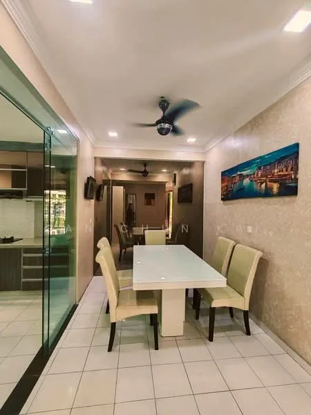Dining features: white dining table, 4 upholstered dining chairs in cream, ceiling fan, recessed downlights, cream painted walls, tile flooring, decorative wall art, glass partition, open layout to kitchen, wall-mounted mirror; style: modern. Hallway features: cream painted walls, tile flooring, recessed downlights, doorway to kitchen, doorway to living area; style: modern.