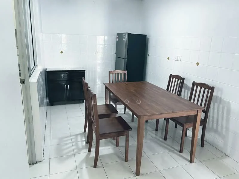 Dining features: wooden dining table, 4 dining chairs, white tiled flooring, white painted walls, black cabinet, stainless-steel fridge, window with natural light, wall-mounted electrical outlets; style: minimalist.