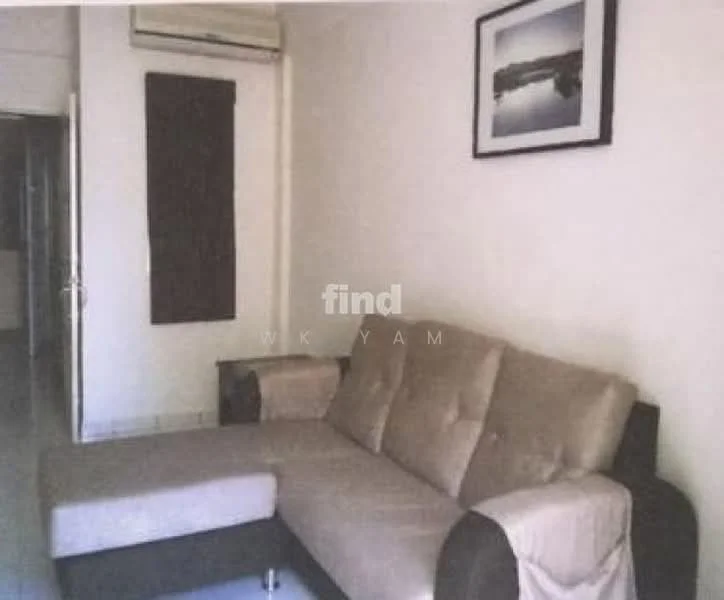 Living features: L-shape sectional sofa in beige, wall-mounted air conditioning unit, light-colored walls, tile flooring, framed artwork on wall, window with dark curtains, coffee table, decorative wall panel.