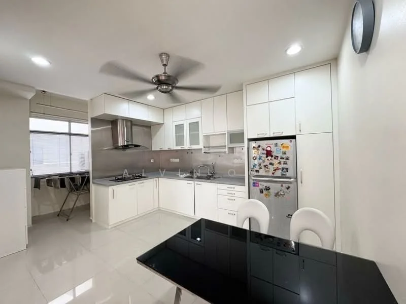 Kitchen features: white cabinetry, stainless-steel range hood, built-in oven, 4-burner gas hob, single-bowl stainless-steel sink, chrome pull-down faucet, black dining table, white dining chairs, ceramic tile flooring, recessed downlights, floor-to-ceiling windows, fridge with magnets, grey countertop, open shelving; style: modern.