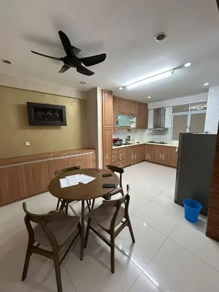 Kitchen features: wood cabinetry, white countertop, stainless-steel sink, chrome pull-down faucet, built-in oven, freestanding range oven, refrigerator, 5-blade ceiling fan with light, tile flooring, wall-mounted cabinets, dining table with four chairs, decorative wall paneling, window with natural light; style: modern.