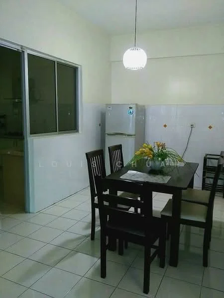 Dining features: white tiled flooring, cream painted walls, dining table with four chairs, hanging pendant light, refrigerator, window with sliding glass, decorative flower arrangement, wall-mounted electrical outlet; style: modern. Kitchen features: white tiled backsplash, cabinets above countertop, sink, stove, kitchen counter, wall-mounted shelves; style: modern.