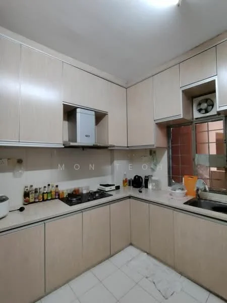 Kitchen features: light wood cabinetry, white tiled backsplash, granite countertop, stainless-steel range hood, 4-burner gas hob, built-in oven, double-bowl stainless-steel sink, window with metal grille, floor tiles, kitchen appliances including kettle and rice cooker, wall-mounted fan; style: modern.