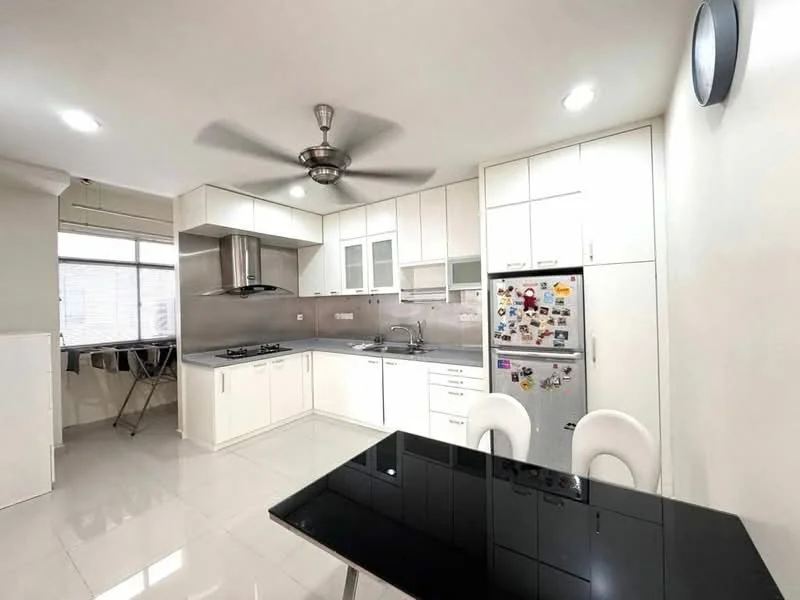 Kitchen features: white cabinetry, stainless-steel sink, chrome pull-down faucet, built-in oven, freestanding range oven, stainless-steel range hood, black granite countertop, white tiled backsplash, refrigerator with stickers, 5-blade ceiling fan with light, floor-to-ceiling windows, ceramic tile flooring, dining table with black surface, stainless-steel dish rack; style: modern.