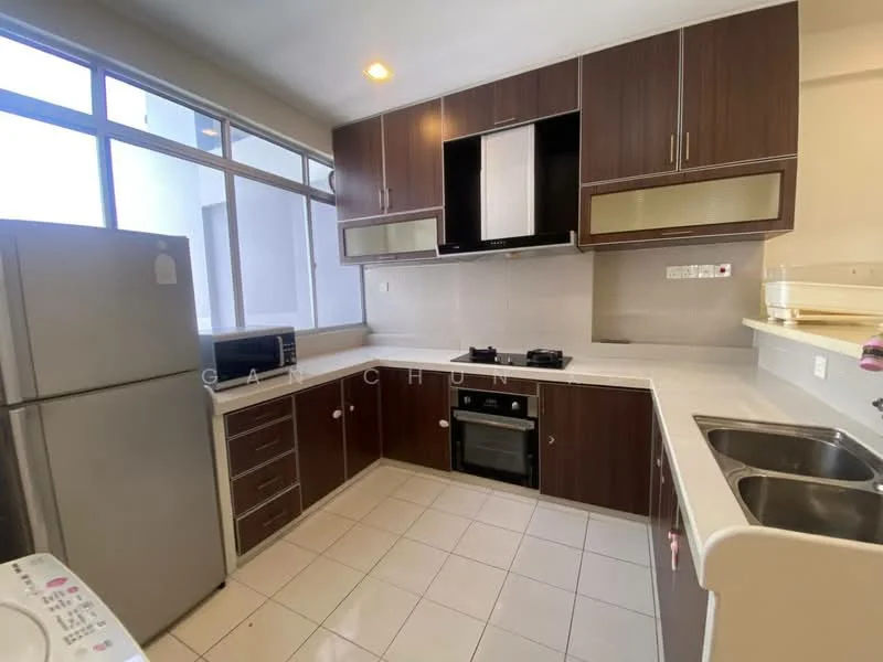Kitchen features: brown wooden cabinetry, white countertop, stainless-steel sink, chrome pull-down faucet, built-in oven, 4-burner gas hob, stainless-steel fridge, microwave, tile flooring, wall-mounted cabinets, window for natural light, light fixture, neutral wall color; style: modern.
