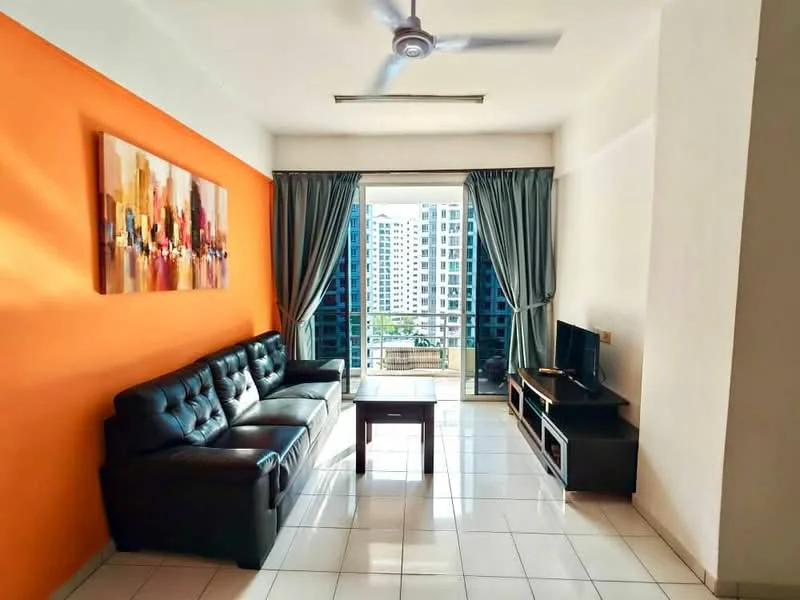 Living features: black leather 3-seater sofa, coffee table, wall-mounted TV, TV console, white tiled flooring, orange accent wall, floor-to-ceiling sliding glass door, curtains in grey, ceiling fan with light, decorative artwork on wall; style: modern; view: city.